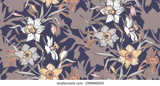 Botanical trendy calm tones seamless pattern with elegant ink hand drawn flowers daffodils narcissus, daffodils. Design for textile, fabric, wallpaper, packaging. Vector artwork