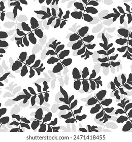 Diseño botánico de moda en gris hoja negra, colores negros. patrón sin fisuras Rama con hojas textura ornamental con sombras Diseño de fondo blanco 3D.
