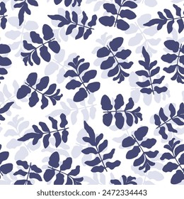 Botanical trendy design in blue leaf indigo blue colors. seamless pattern Branch with leaves ornamental texture with shadows 3D white background design.