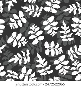 Botanical trendy design in white leaf black and white colors. seamless pattern Branch with leaves ornamental texture with shadows 3D background design.