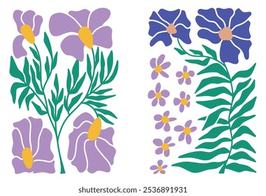 Patrón sin fisuras de moda botánica. Flor y hojas de forma abstracta doodle estilo de diseño de arte 60s 70s para impresión, Fondo de pantalla, Clipart, arte de la pared para la decoración del hogar.
