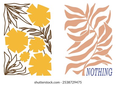 Botanical trendy seamless pattern. Flower and leaves abstract shape doodle art design style 60s 70s for print, wallpaper, clipart, wall art for home decoration.