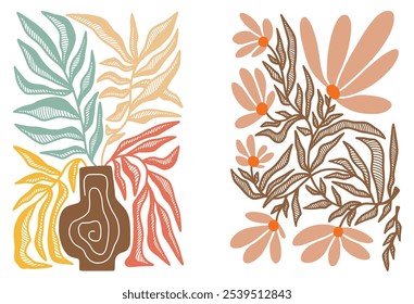 Patrón sin fisuras de moda botánica. Flor y hojas de forma abstracta doodle estilo de diseño de arte 60s 70s para impresión, Fondo de pantalla, Clipart, arte de la pared para la decoración del hogar.