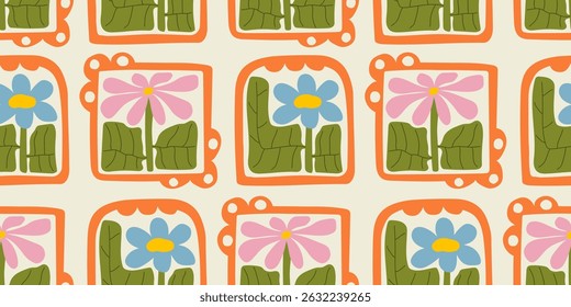 Botanical trendy seamless pattern. Flower and leaves abstract shape doodle art design for print, wallpaper, clipart, wall art for home decoration.