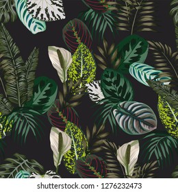 Botanical tropical composition. Realistic vector exotic leaves seamless pattern black background