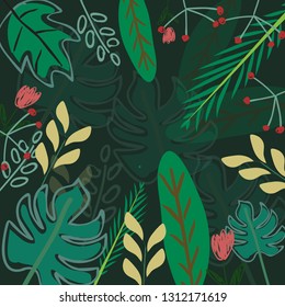 Botanical tropical green leave pattern, Happy summer tropical forest jungle scene, illustration vector by freehand