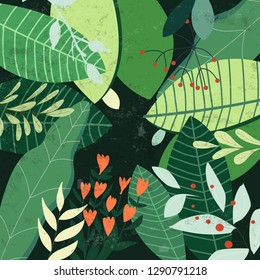 Botanical Tropical Green Leave Pattern,garden Concept,Happy Summer Tropical Forest Jungle Scene,illustration Vector By Freehand Flat Style