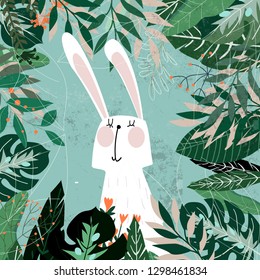 Botanical tropical green leave and rabbit bunny pattern,illustration vector by freehand doodle comic art,cute paper cut style,greenery garden concept