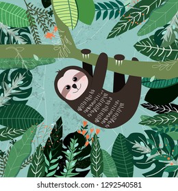 Botanical tropical green leave and sloth in forest pattern,Cute sloth animal cartoon Character,Happy nature theme in spring and summer garden scene,illustration vector by freehand art