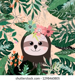 Botanical tropical green leave and sloth bear pattern,illustration vector by freehand doodle comic art,cute paper cut style,greenery garden concept