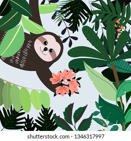 Botanical tropical green leave and sloth bear pattern,illustration vector by freehand doodle comic art,cute paper cut style,greenery garden concept for textile print background