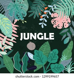 Botanical tropical leave and flowers in green jungle forest pattern,illustration vector by freehand doodle art,for banner or background