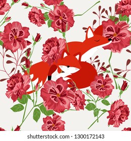 Botanical tropical leave and flowers rose and mother fox and son in forest seamless pattern,illustration vector by freehand doodle comic art