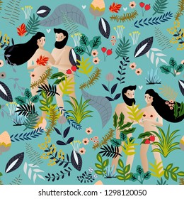 Botanical tropical leave and lover couple in forest seamless pattern flat design illustration vector by freehand doodle comic art