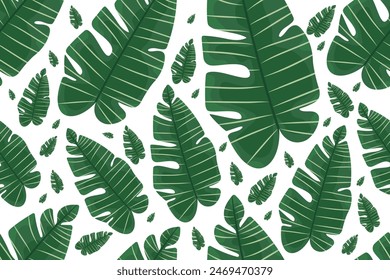 Hojas tropicales botánicas patrón sin fisuras sobre fondo aislado blanco. Vector verde bananas hojas de dibujos animados estilo plano. Para el Fondo de pantalla, papel de embalaje, decoración de temporada.
