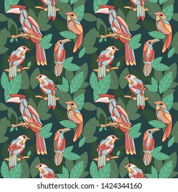 Botanical tropical seamless pattern bird green leaf hand draw retro style