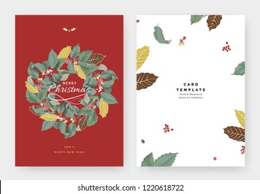 Botanical typographic Christmas greeting card template design, branch of coffee tree wreath on red, vintage style