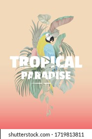 Botanical typographic poster, Blue-and-yellow macaw among tropical plants with tropical paradise lettering