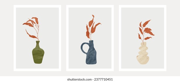 Botanical and vase art vector set. Leaf pattern in bottles with watercolor texture. Abstract floral design for print, cover, wallpaper, minimal and natural wall art.	