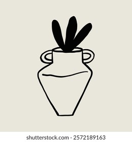 Botanical Vase Plant Pottery Ceramic. Jug Sketch Black Line Symbol. Stylized Whimsical Hand Drawn Vector Element Decor