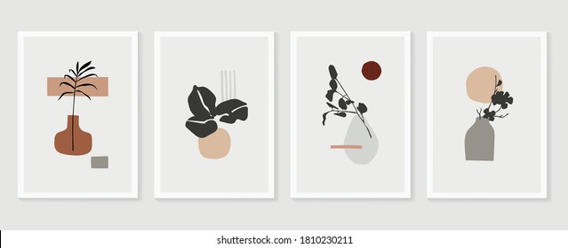 Botanical and vase wall art vector set. Floral and Foliage in bottle line art drawing with  abstract shape.  Abstract Plant Art design for print, cover, wallpaper, Minimal and  natural wall art.