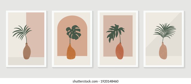 Botanical and vase wall art vector set. Floral and Foliage in bottle line art drawing with  abstract shape.  Abstract Plant Art design for print, cover, wallpaper, Minimal and  natural wall art.