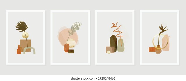 Conjunto de vectores de arte de pared botánico y de jarrón. Floral y follaje en el dibujo de la línea del frasco con forma abstracta.  Resumen Diseño de arte vegetal para la impresión, cubierta, papel pintado, arte de pared mínimo y natural.