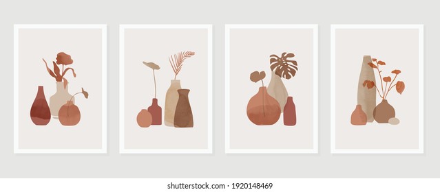 Botanical and vase wall art vector set. Floral and Foliage in bottle line art drawing with  abstract shape.  Abstract Plant Art design for print, cover, wallpaper, Minimal and  natural wall art.