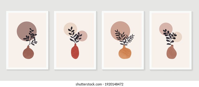Botanical and vase wall art vector set. Floral and Foliage in bottle line art drawing with  abstract shape.  Abstract Plant Art design for print, cover, wallpaper, Minimal and  natural wall art.