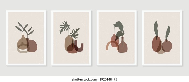 Botanical and vase wall art vector set. Floral and Foliage in bottle line art drawing with  abstract shape.  Abstract Plant Art design for print, cover, wallpaper, Minimal and  natural wall art.