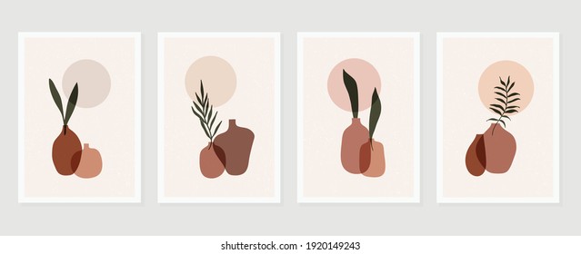 Botanical and vase wall art vector set. Floral and Foliage in bottle line art drawing with  abstract shape.  Abstract Plant Art design for print, cover, wallpaper, Minimal and  natural wall art.