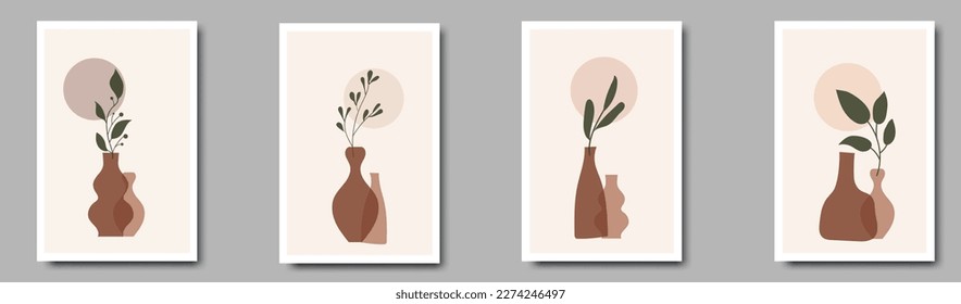 Botanical and vase wall art vector set. Floral and Foliage in bottle line art drawing with abstract shape.