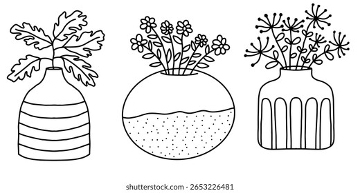 Botanical vases line art set. Vector hand drawn illustration in doodle style
