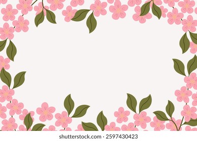 Botanical vector background with blooming apple flowers branches. Hand drawn card with blossom plants for text. Design backdrop for print, paper, label, web, poster, flyer. Seasons, holiday and nature