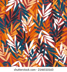 Fondo del vector botánico. Patrón transparente y colorido con hojas y ramas dibujadas a mano. Impresión floral simple de moda para tela, papel pintado, papel de escritorio, papel de embalaje