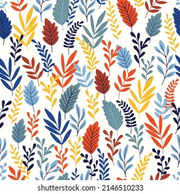 Botanical vector background. Cute colorful seamless pattern with hand drawn leaves and branches. Simple trendy floral print for fabric, wallpaper, stationery, wrapping paper