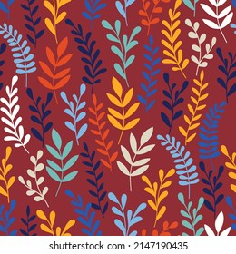 Fondo del vector botánico. Patrón transparente y colorido con hojas y ramas dibujadas a mano. Impresión floral simple de moda para tela, papel pintado, papel de escritorio, papel de embalaje