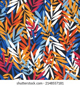 Fondo del vector botánico. Patrón transparente y colorido con hojas y ramas dibujadas a mano. Impresión floral simple de moda para tela, papel pintado, papel de escritorio, papel de embalaje