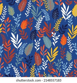 Fondo del vector botánico. Patrón transparente y colorido con hojas y ramas dibujadas a mano. Impresión floral simple de moda para tela, papel pintado, papel de escritorio, papel de embalaje