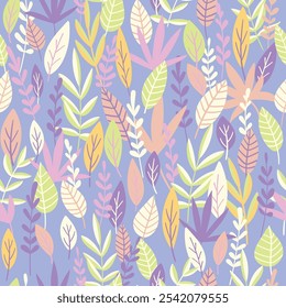 Fondo de Vector botánico. Lindo patrón inconsútil colorido con hojas y ramas dibujadas a mano. Impresión floral de moda simple para la tela, Fondo de pantalla, papelería, papel de regalo