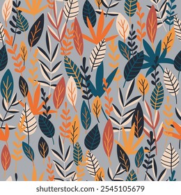 Botanical vector background. Cute colorful seamless pattern with hand drawn leaves and branches. Simple trendy floral print for fabric, wallpaper, stationery, wrapping paper