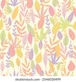 Botanical vector background. Cute colorful seamless pattern with hand drawn leaves and branches. Simple trendy floral print for fabric, wallpaper, stationery, wrapping paper