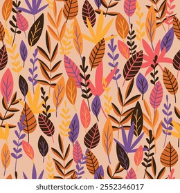 Fundo do vetor botânico. Padrão perfeito colorido bonito com folhas desenhadas à mão e ramos. Impressão floral moderna simples para tecido, papel de parede, papelaria, papel de embrulho