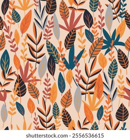 Botanical vector background. Cute colorful seamless pattern with hand drawn leaves and branches. Simple trendy floral print for fabric, wallpaper, stationery, wrapping paper