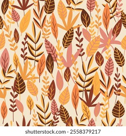 Botanical vector background. Cute colorful seamless pattern with hand drawn leaves and branches. Simple trendy floral print for fabric, wallpaper, stationery, wrapping paper