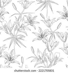 Botanical vector background. Floral seamless pattern. wild lilies hand drawn illustration. Interior textile and fashion fabric print