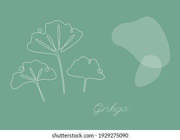 Botanical vector background with Ginkgo biloba. Continuous one line drawing with abstract shape. Minimalistic and natural horizontal wallpaper. Vector illustration