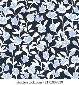 Fondo vectorial botánico con flores pintadas. Prado dibujado a mano. Patrón floral sin fisuras. Impresiones de modas de pequeño tamaño de estilo retro para tejidos, papel, textiles y artículos de uso doméstico