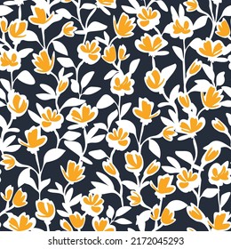 Botanical vector background with painted flowers. Hand drawn meadow. Floral seamless pattern. Craftdrawn retro styled small scaled fashion print for fabric, paper, home textile and goods
