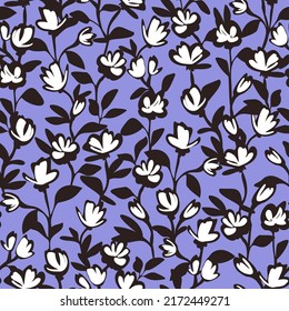 Botanical vector background with painted flowers. Hand drawn meadow. Floral seamless pattern. Craftdrawn retro styled small scaled fashion print for fabric, paper, home textile and goods